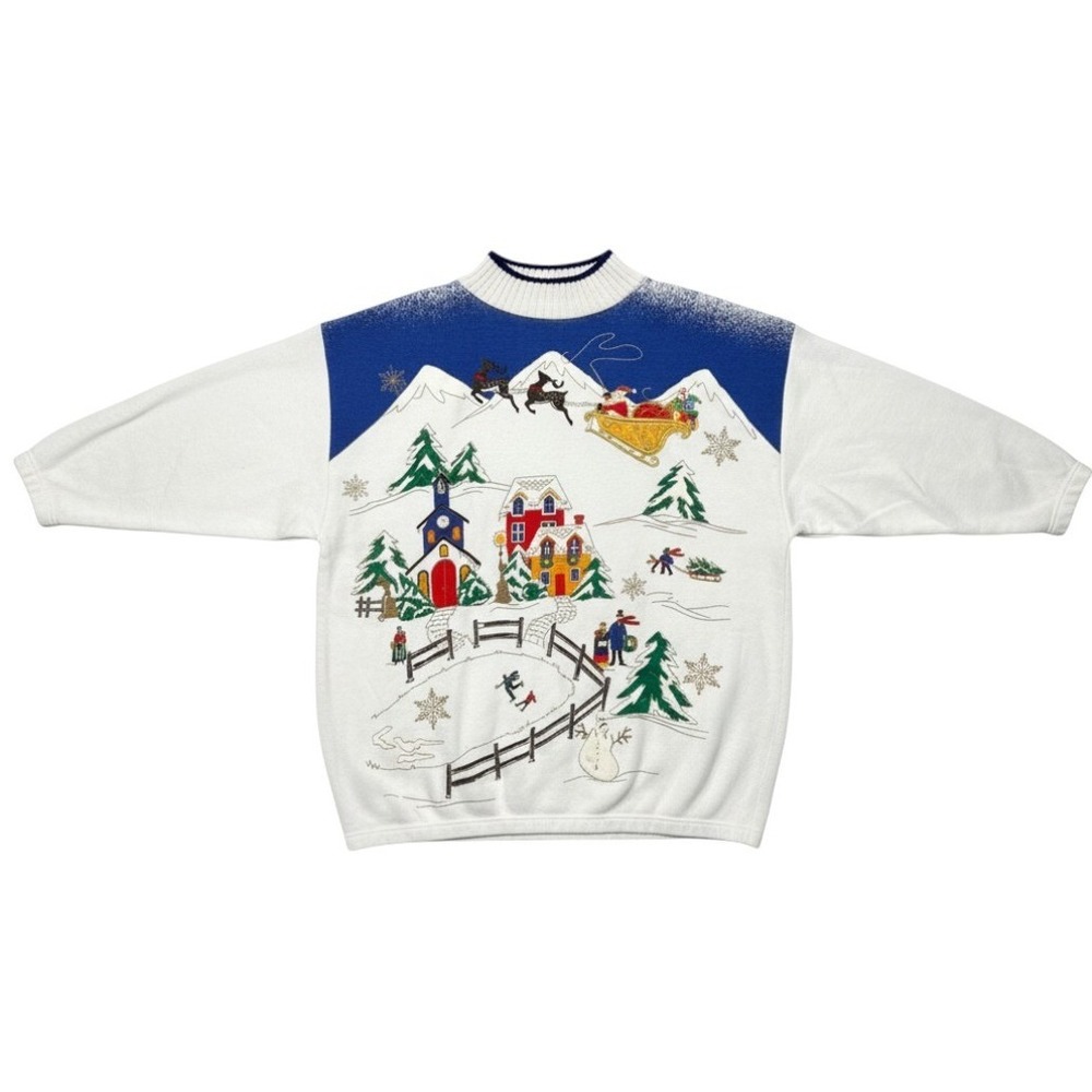 Vintage Christmas Mockneck Sweatshirt Womens Plus 3X White Santa Village